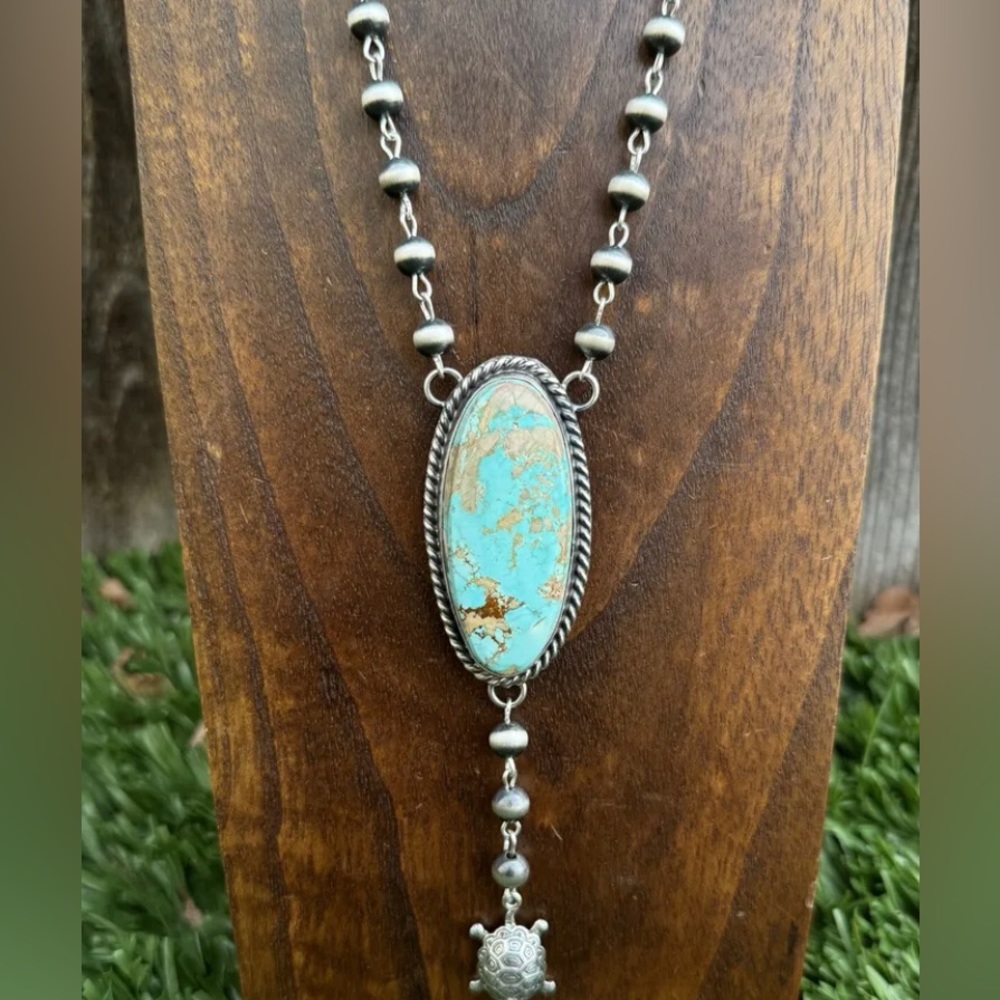 Navajo 925 Sterling Silver Royston Turquoise Pendant Rosary Necklace. 31 Inch KY